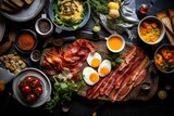 Fototapeta Natura - A brunch spread with eggs and bacon.