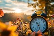 © Morningmaze - Daylight saving time ends. Alarm clock on beautiful nature background with summer flowers and autumn leaves. Summer time end and fall season coming. Clock turn backward to winter time. Generative AI
