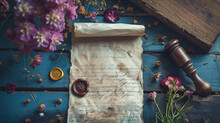 old love letter with illegible beautiful handwriting on a wooden table surrounded by beautiful fresh spring wildflowers