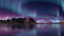 Majestic Sky With Aurora And Stars. Blue Northern Lights Background With Copy-space.