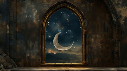 Wall Mural - Mystical window with crescent moon in night sky. Generative AI