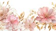 Abstract floral art background. Botanical watercolour hand painted pastel pink and gold flowers on white background