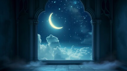 Mystical window with crescent moon in night sky. Generative AI