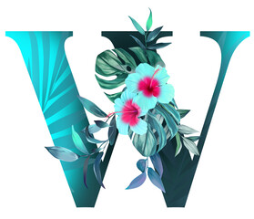 Alphabet. Letter w. Letters, numbers. Decorated in tropical style. Blue hibiscus flowers, palm leaves, flowers