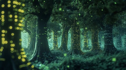 Wall Mural - Artificial Intelligence illustration of Algorithmic Forest, background image, generative AI