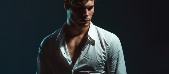 Poster - Stylish Young Man in a White Shirt on a Dark Background: Captivating Image of a Young Man in a Sleek White Shirt Standing Against a Dark Background