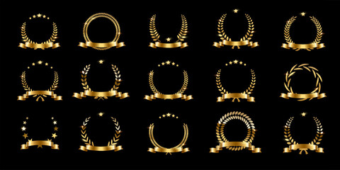 Wall Mural - gold laurel wreath winner award set vector illustration. golden branch of olive leaves or stars of v