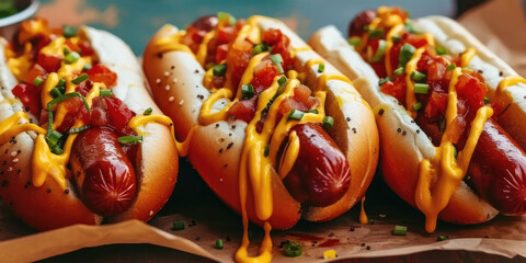 Canvas Print - hot dogs wrapped in paper with toppings,