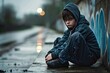 Sad depressed teenager sitting outdoors alone. Depression, loneliness, migration, poverty, family and school problems, communication difficulties, emotions in, Generative AI