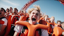 Amusement Park. Loop. Fear. Young Friends On Thrilling Roller Coaster Ride. Young Women And Men Having Fun At Amusement Park