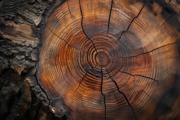 Close-Up of Tree Trunk Cross Section Revealing Growth Rings and Bark Texture