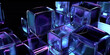  3d abstract modern blue glass cubes on black background, geometric background, transparent cubes