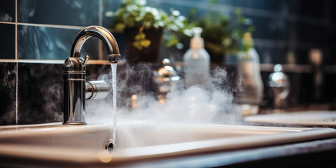 Hot water flowing from a modern faucet with steam rising, signifying hygiene, warmth, and the comforts of a well-equipped home