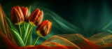 Fototapeta Kwiaty - Tapeta w kwiaty, czerwone tulipany na ciemnym tle, puste miejsce 