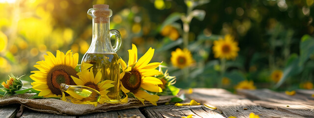 Wall Mural - Rural still life - sunflower oil in a glass bottle with sunflower flowers