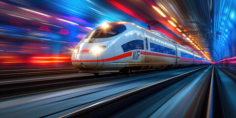 Wall Mural - the new  highspeed passenger train, modern High speed train in motion on the railway station at sunset