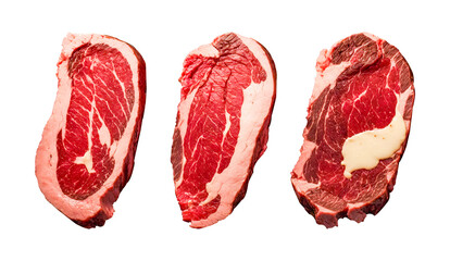 Set of different raw steaks. top view, isolated, Juicy raw meat cut. Beef entrecote slice isolated transparent png