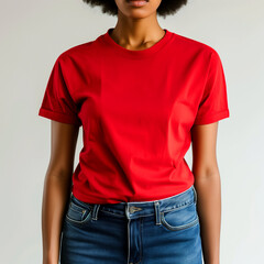 Wall Mural - Red T-shirt Mockup, Black Woman, Girl, Female, Model, Wearing a Red Tee Shirt and Blue Jeans, Blank Shirt Template, White Background, Close-up View