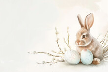 Easter Bunny And Easter Eggs On A White Background With Spring Flowers