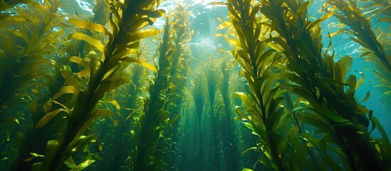 Wall Mural - A kelp forest with tall stalks reaching the water surface, mainly exhibiting Ecklonia maxima from below.