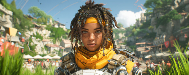 Beautiful african american woman with dreadlocks in a computer game concept