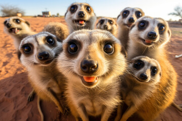 Poster - A group of meerkats taking a selfie, bringing a fun twist to wildlife behavior. Concept of animals mimicking human actions. Generative Ai.