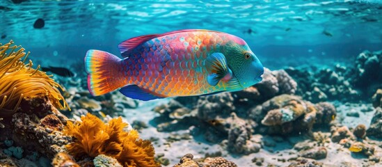 Wall Mural - Vibrant Parrotfish eating on a reef