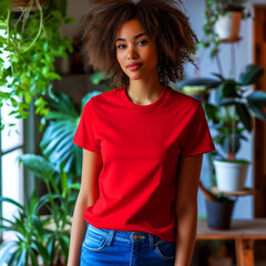 Wall Mural - Red T-shirt Mockup, Black Woman, Girl, Female, Model, Wearing a Red Tee Shirt and Blue Jeans, Fitted Blank Shirt Template, Standing in a Room with Plants, Close-up View