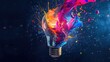 Lightbulb eureka moment with Impactful and inspiring artistic colourful explosion of paint energy