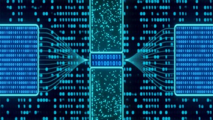 Digital screen with blue binary code. Abstract futuristic concept, algorithm, script, program, software, dual, coding, system configuration, sequence, illuminated numbers.