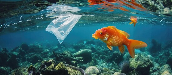 Wall Mural - ocean pollution from plastic bags affecting fish.