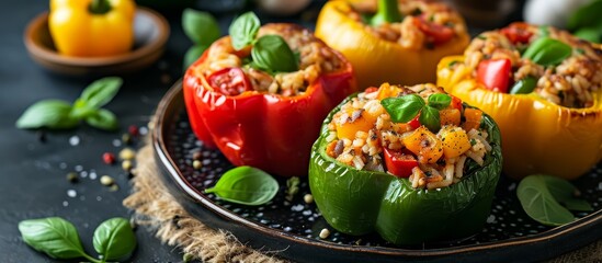Wall Mural - Colorful Stuffed Bell Peppers Arranged on a Plate, Plate, Plate