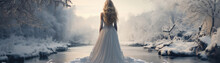 Young Woman In A Chic Elegant Dress In The Winter Forest. Horizontal Banner