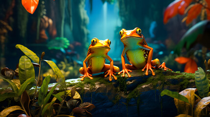 Wall Mural - Frog sitting on a branch in the rainforest. Wildlife scene from nature. 3D rendering