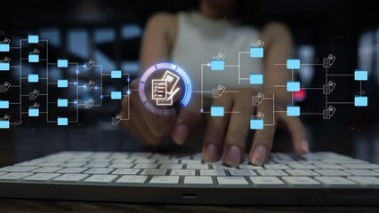Wall Mural - businesswoman using laptop to document management concept, online documentation database and digital