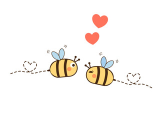 Sticker - Couple bee in love and red hearts isolated on white background vector illustration.