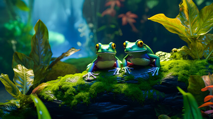 Wall Mural - Frog sitting on a branch in the rainforest. Wildlife scene from nature. 3D rendering