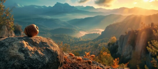 Captivating Acorn Overlooking Breathtaking Mountainous View: An Enchanting Acorn Overlooking a Majestic Mountainous View on a Spectacular Evening