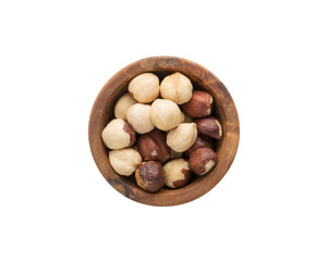 Wall Mural - Top view of peeled hazelnuts in a wood bowl isolated on white background