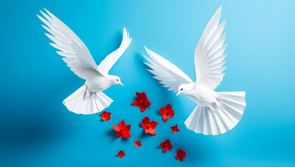 Two white doves flying on blue background with copy space. Love and peace concept