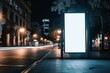 Mockup. Blank white vertical advertising banner billboard stand on the sidewalk at night, Generative AI