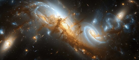 Wall Mural - Galaxies combining and exchanging matter, forming a merger with interstellar gas and numerous stars.