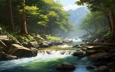 Wall Mural - Serene River Flowing Through a Forested Valley
Peaceful river flowing through a lush forested valley with sunlight filtering through trees.
