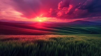 Canvas Print - a sunset in green fields captures the essence of nature, intricate landscapes