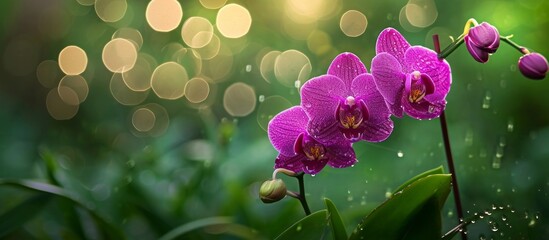 Wall Mural - Exquisite Purple Orchid in Serene Green Garden against a Stunning Background of Purple, Orchid, Garden, and Green