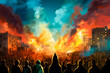 A crowd of people in front of a huge fire in the city. Illustration of disaster of doomsday