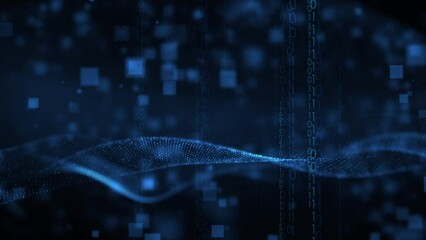 Futuristic Digital Cityscape with Green Matrix Pattern and Blue Tech Elements Abstract Business and Technology Background.