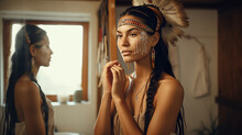 Beautiful Young Woman Wearing Indian Headdress In Front Of The Mirror