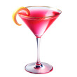 A real cosmopolitan cocktail in a classic martini glass. The drink is a bright pink color, and there's a small twist of lemon peel on the rim