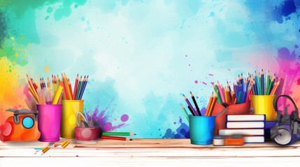 Wall Mural - Colorful school supplies arranged neatly - educational utensils on a white background